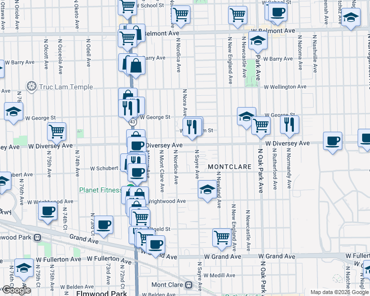 map of restaurants, bars, coffee shops, grocery stores, and more near 7036 West Diversey Avenue in Chicago