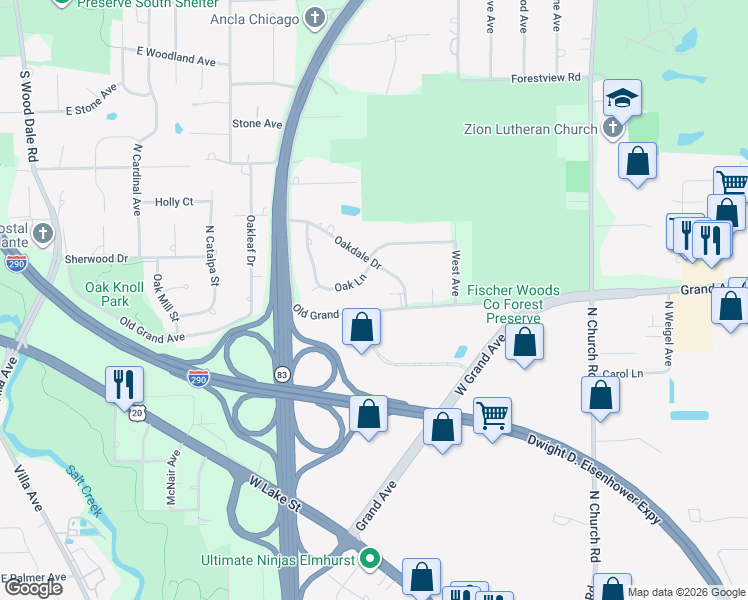map of restaurants, bars, coffee shops, grocery stores, and more near 17W153 Oak Lane in Bensenville