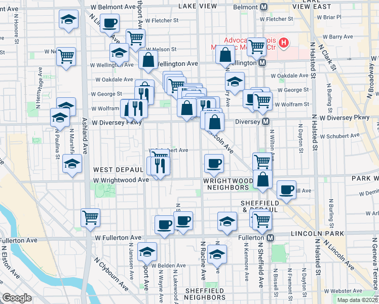 map of restaurants, bars, coffee shops, grocery stores, and more near 2659 North Magnolia Avenue in Chicago