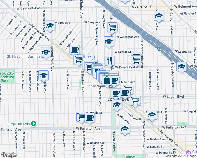 map of restaurants, bars, coffee shops, grocery stores, and more near 2715 North Milwaukee Avenue in Chicago