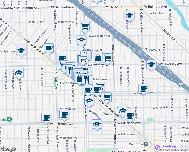 map of restaurants, bars, coffee shops, grocery stores, and more near 2724 North Troy Street in Chicago