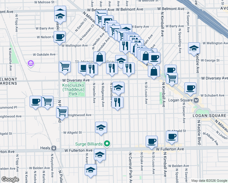 map of restaurants, bars, coffee shops, grocery stores, and more near 2730 North Lawndale Avenue in Chicago
