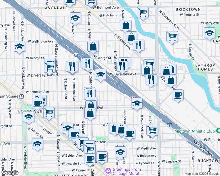 map of restaurants, bars, coffee shops, grocery stores, and more near 2724 North Talman Avenue in Chicago