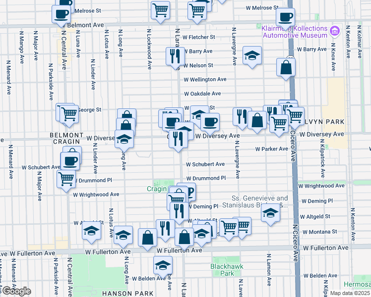 map of restaurants, bars, coffee shops, grocery stores, and more near 5150 West Parker Avenue in Chicago