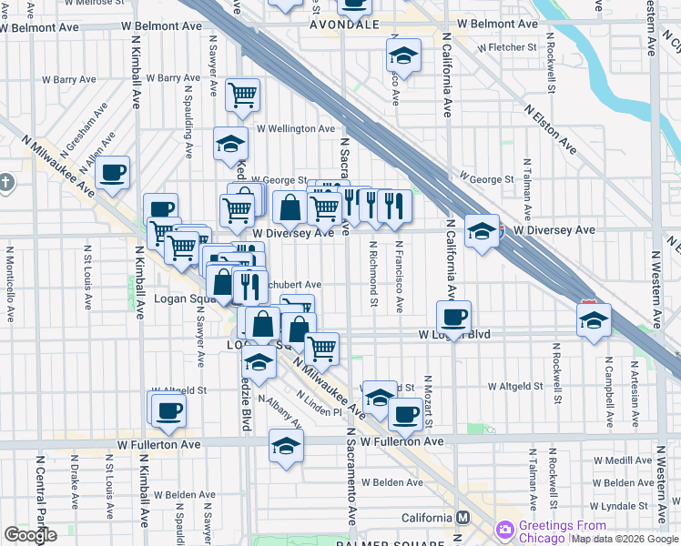 map of restaurants, bars, coffee shops, grocery stores, and more near 2725 North Whipple Street in Chicago