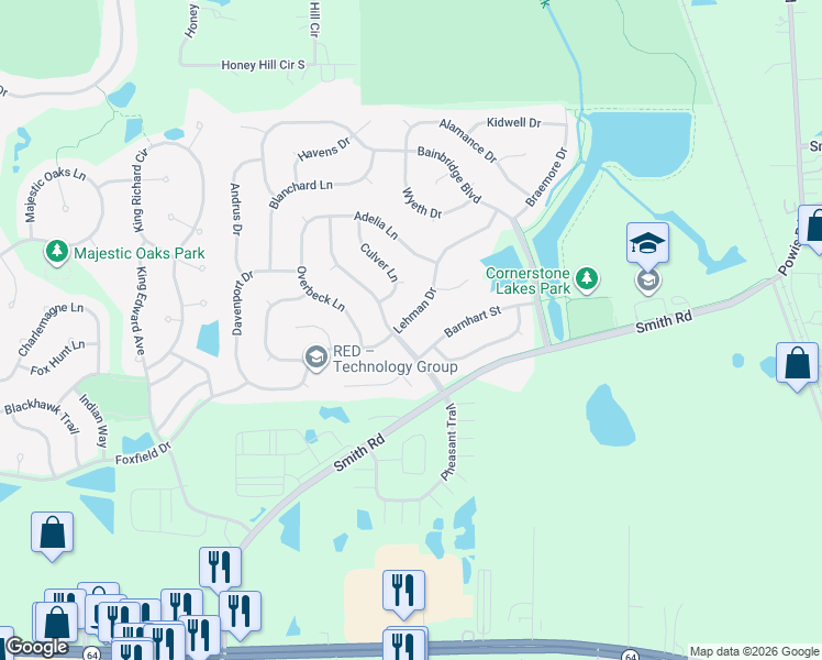 map of restaurants, bars, coffee shops, grocery stores, and more near 2485 Lehman Drive in West Chicago