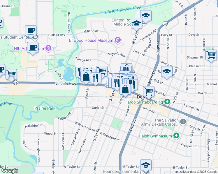 map of restaurants, bars, coffee shops, grocery stores, and more near 121 West Lincoln Highway in DeKalb