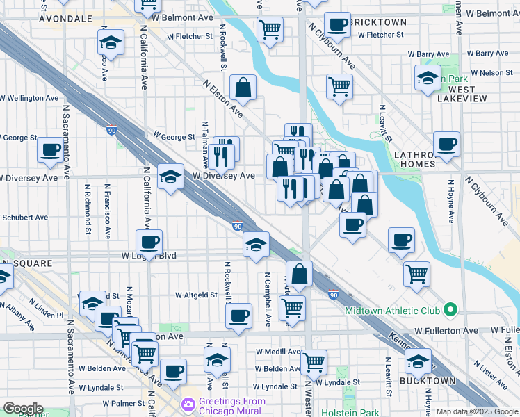 map of restaurants, bars, coffee shops, grocery stores, and more near 2721 North Campbell Avenue in Chicago