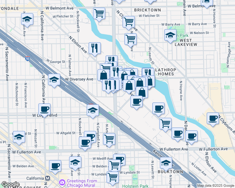 map of restaurants, bars, coffee shops, grocery stores, and more near 2701 North Western Avenue in Chicago
