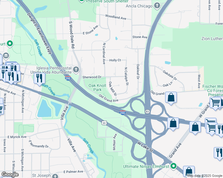 map of restaurants, bars, coffee shops, grocery stores, and more near Oak Mill Street in Addison