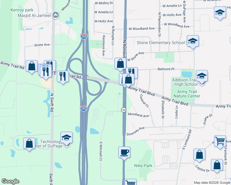 map of restaurants, bars, coffee shops, grocery stores, and more near 1845 Army Trail Road in Addison