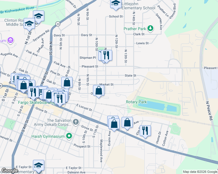 map of restaurants, bars, coffee shops, grocery stores, and more near 1027 Market Street in DeKalb