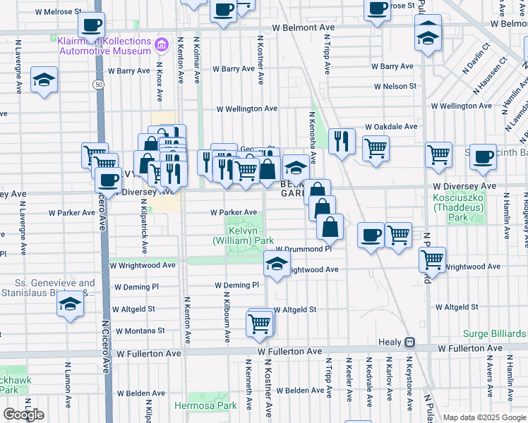 map of restaurants, bars, coffee shops, grocery stores, and more near 4400 West Parker Avenue in Chicago