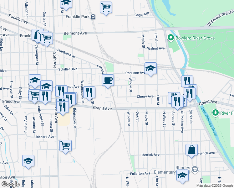 map of restaurants, bars, coffee shops, grocery stores, and more near 2824 Birch St in Franklin Park
