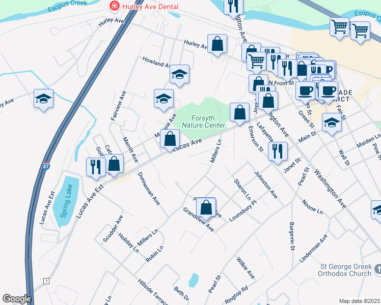 map of restaurants, bars, coffee shops, grocery stores, and more near 203 Lucas Avenue in Kingston
