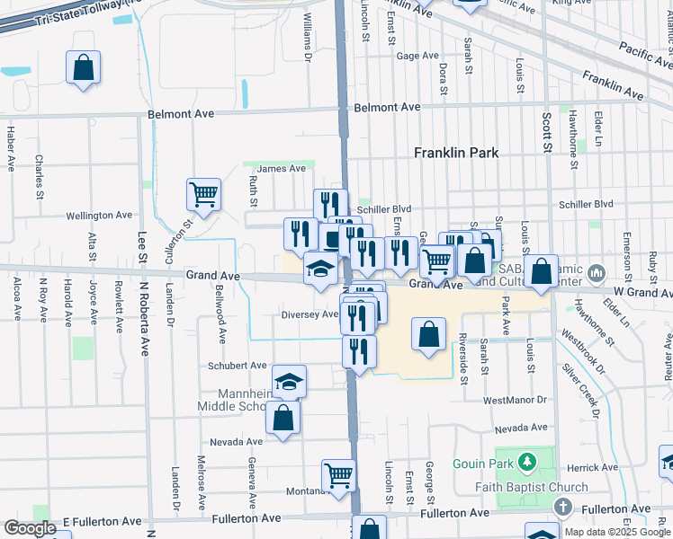 map of restaurants, bars, coffee shops, grocery stores, and more near 2800 Mannheim Road in Franklin Park