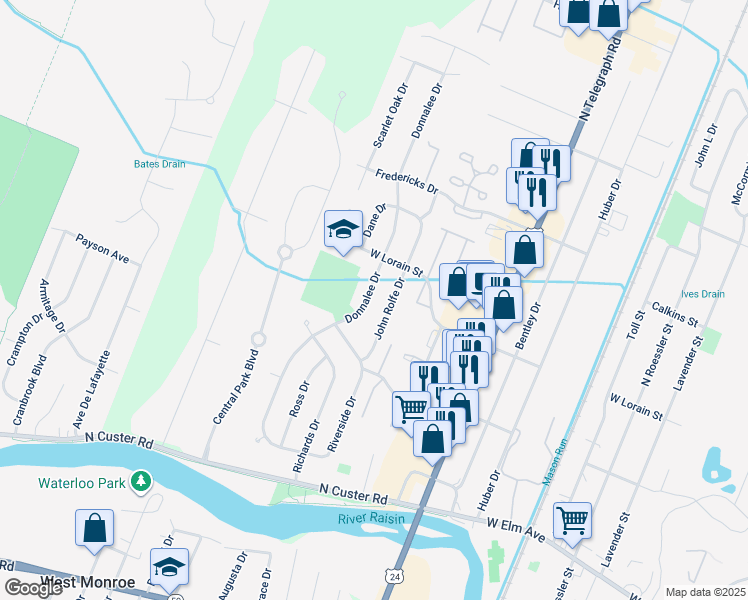 map of restaurants, bars, coffee shops, grocery stores, and more near 516 Donnalee Drive in Monroe