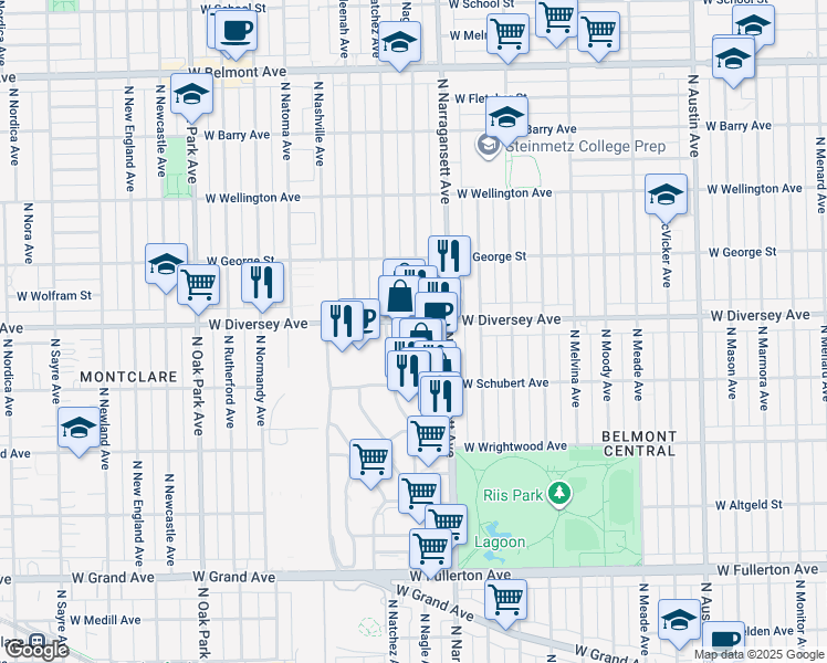 map of restaurants, bars, coffee shops, grocery stores, and more near 2730 North Narragansett Avenue in Chicago