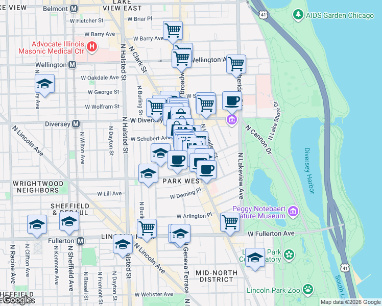 map of restaurants, bars, coffee shops, grocery stores, and more near 2649 North Clark Street in Chicago