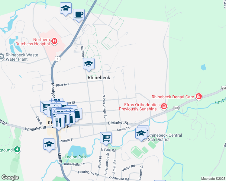 map of restaurants, bars, coffee shops, grocery stores, and more near 44 Lorraine Drive in Rhinebeck