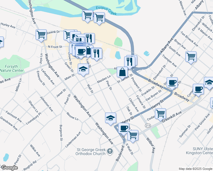 map of restaurants, bars, coffee shops, grocery stores, and more near 72 Maiden Lane in Kingston