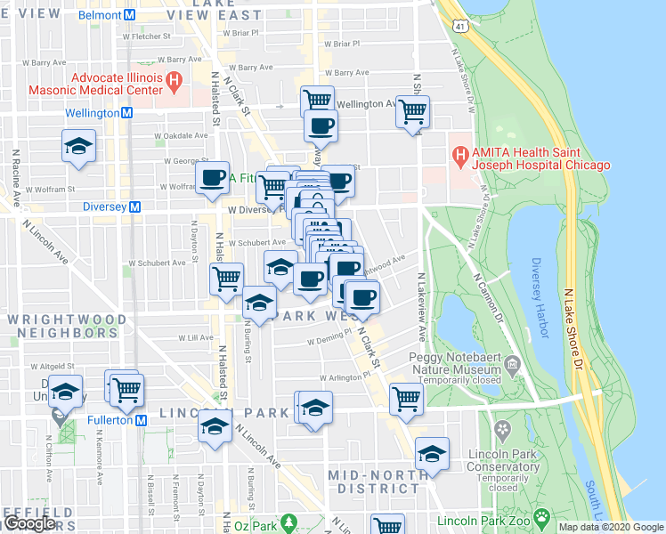 map of restaurants, bars, coffee shops, grocery stores, and more near 2649 North Clark Street in Chicago