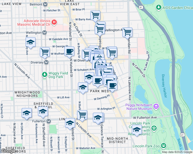 map of restaurants, bars, coffee shops, grocery stores, and more near 2657 West Drummond Place in Chicago