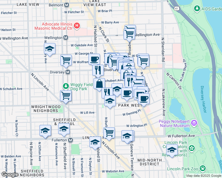 map of restaurants, bars, coffee shops, grocery stores, and more near 2671 North Orchard Street in Chicago