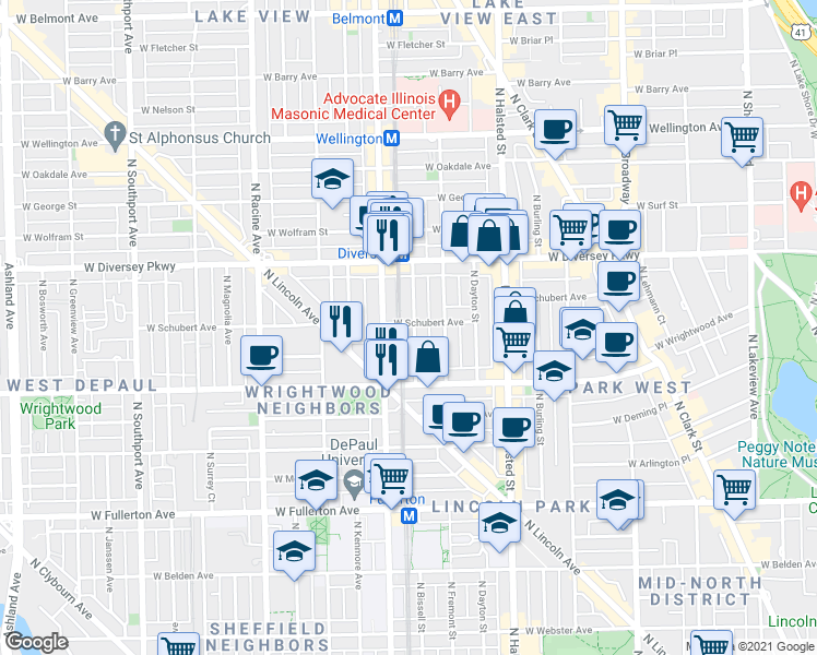 map of restaurants, bars, coffee shops, grocery stores, and more near 2703 North Wilton Avenue in Chicago
