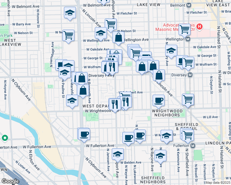 map of restaurants, bars, coffee shops, grocery stores, and more near 2709 North Southport Avenue in Chicago
