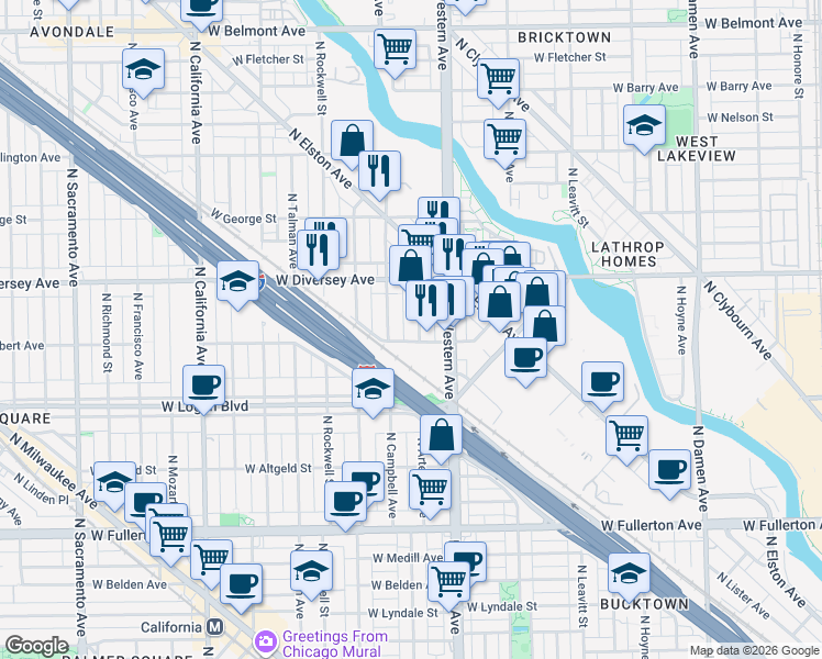 map of restaurants, bars, coffee shops, grocery stores, and more near 2721 North Campbell Avenue in Chicago
