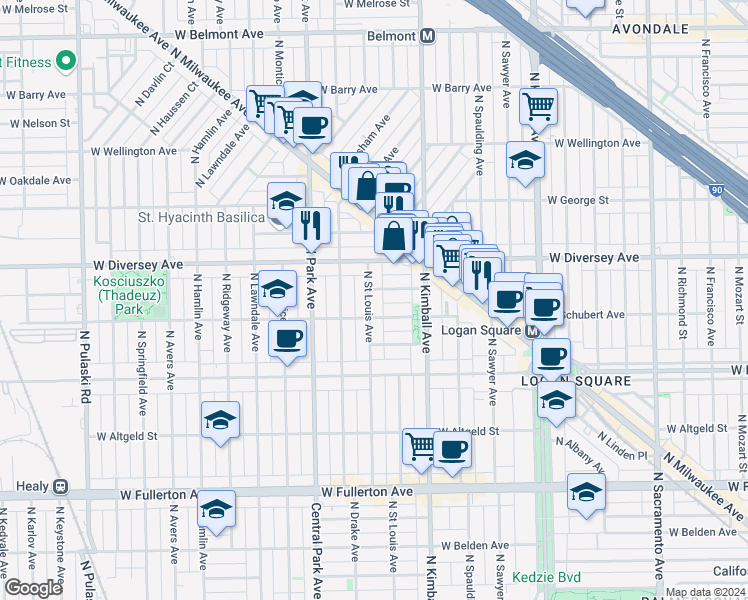 map of restaurants, bars, coffee shops, grocery stores, and more near 3445 West Parker Avenue in Chicago