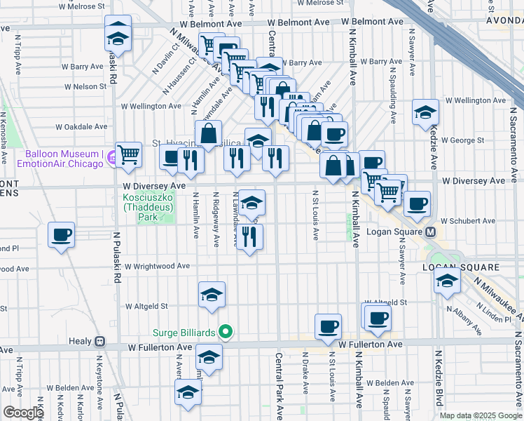 map of restaurants, bars, coffee shops, grocery stores, and more near 2728 North Monticello Avenue in Chicago