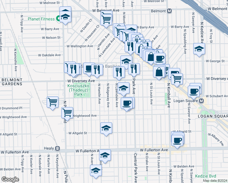 map of restaurants, bars, coffee shops, grocery stores, and more near 2730 North Lawndale Avenue in Chicago