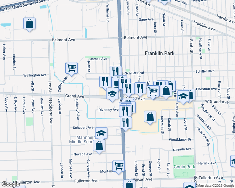 map of restaurants, bars, coffee shops, grocery stores, and more near in Franklin Park