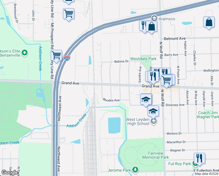 map of restaurants, bars, coffee shops, grocery stores, and more near 2854 Pearl Avenue in Melrose Park