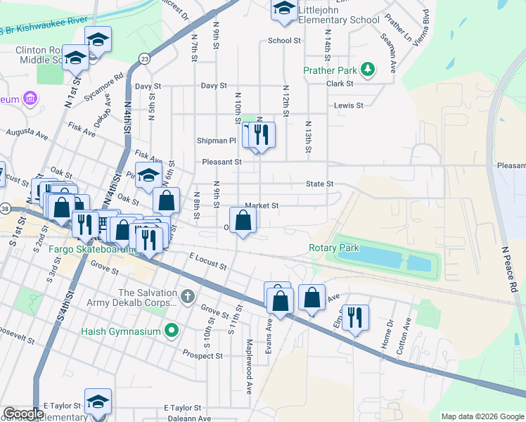 map of restaurants, bars, coffee shops, grocery stores, and more near 1027 Market Street in DeKalb