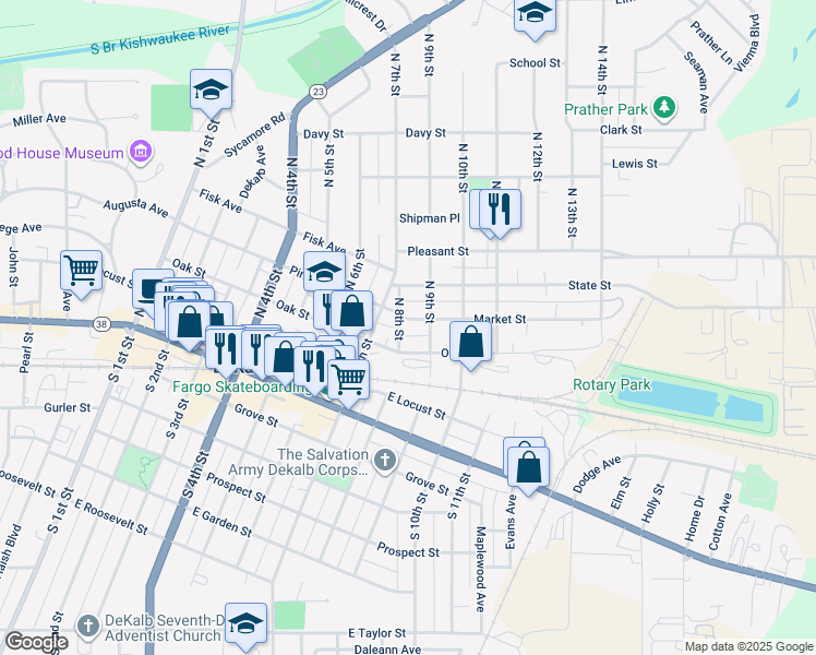 map of restaurants, bars, coffee shops, grocery stores, and more near 813 Market Street in DeKalb