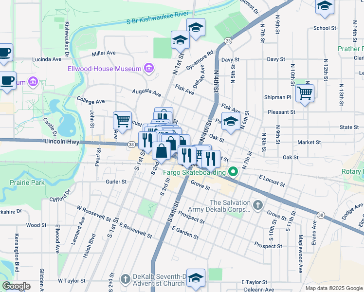 map of restaurants, bars, coffee shops, grocery stores, and more near 194 North 3rd Street in DeKalb