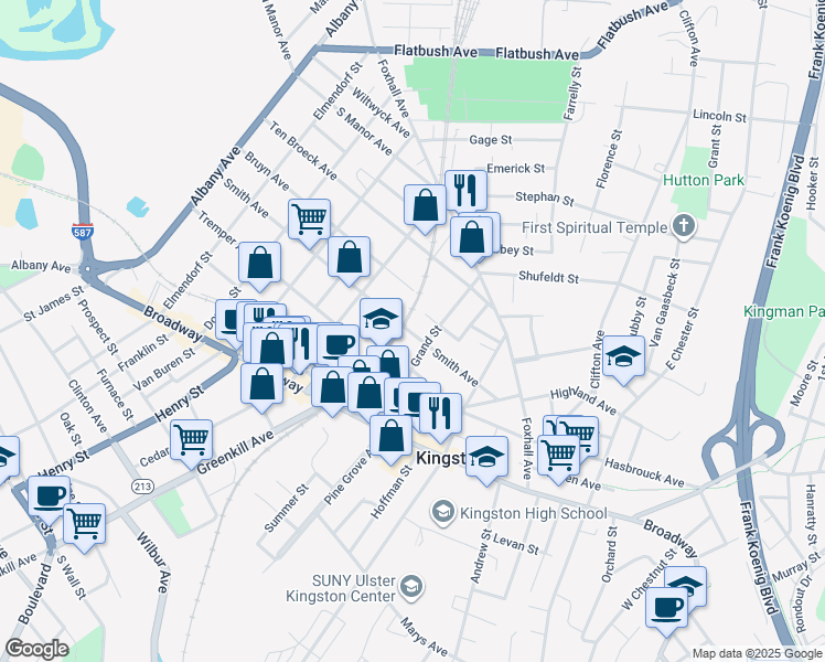 map of restaurants, bars, coffee shops, grocery stores, and more near 141 Smith Ave in Kingston