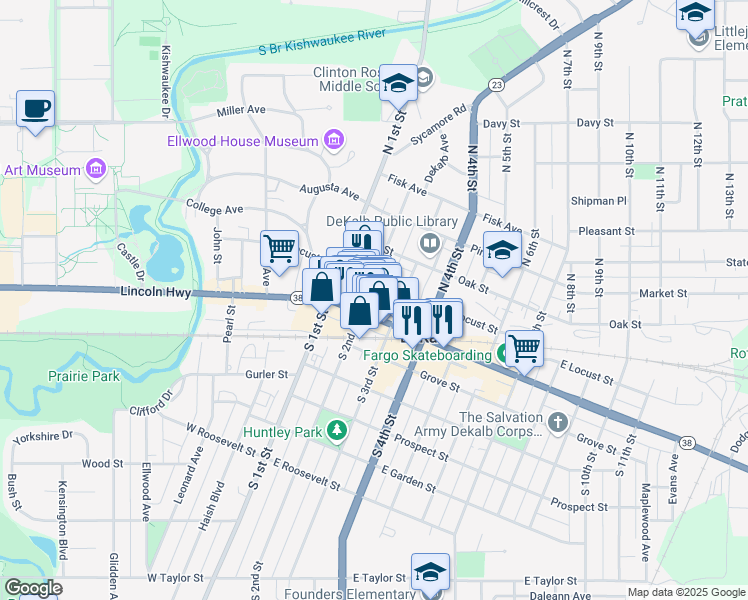map of restaurants, bars, coffee shops, grocery stores, and more near 223 Palmer Court in DeKalb
