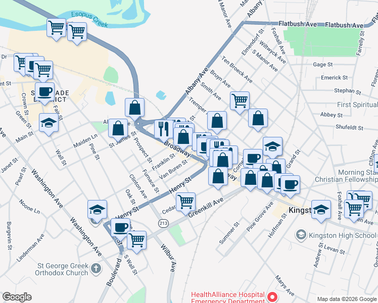 map of restaurants, bars, coffee shops, grocery stores, and more near 7 Downs St in Kingston