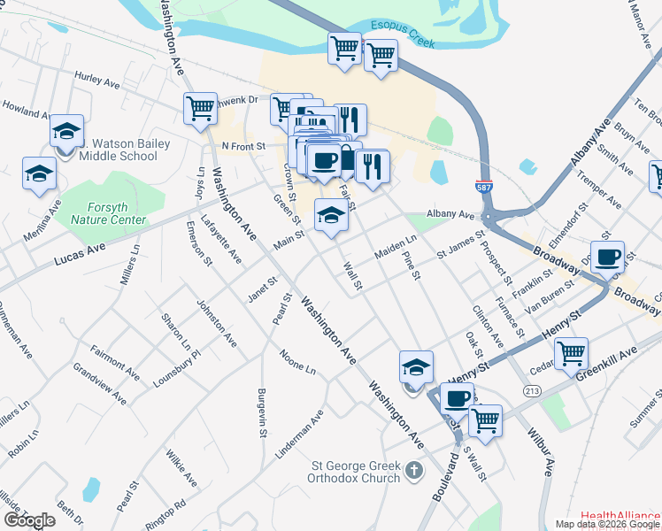 map of restaurants, bars, coffee shops, grocery stores, and more near 231 Wall Street in Kingston