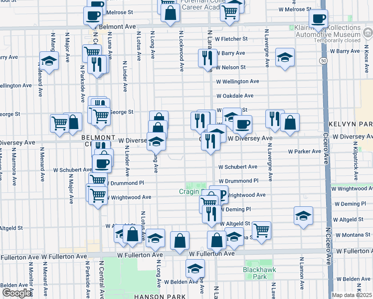 map of restaurants, bars, coffee shops, grocery stores, and more near 2737 North Lockwood Avenue in Chicago