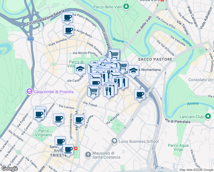 map of restaurants, bars, coffee shops, grocery stores, and more near 121-137 Via Tripolitania in Roma