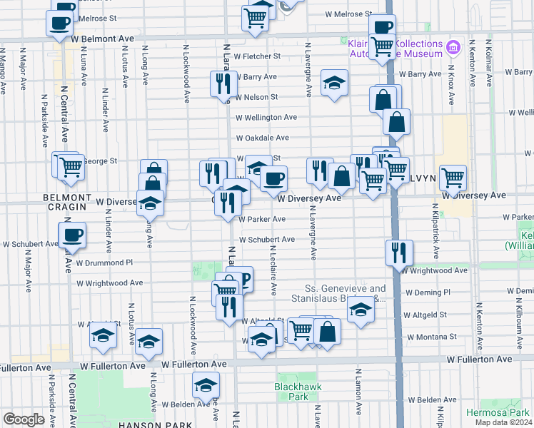 map of restaurants, bars, coffee shops, grocery stores, and more near 5104 West Parker Avenue in Chicago