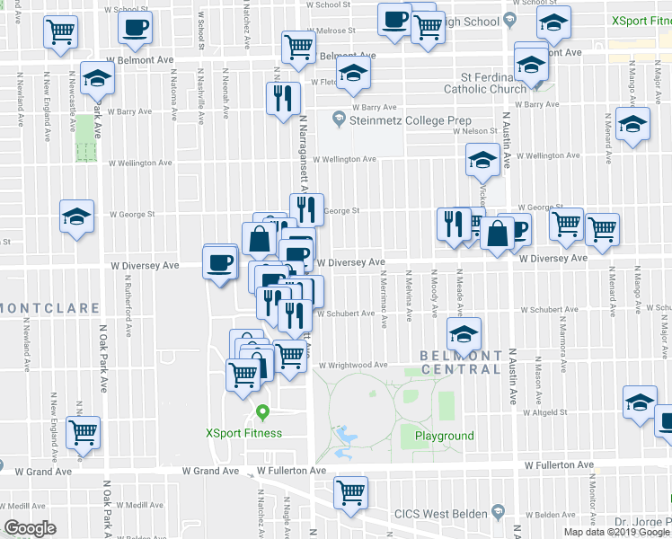 map of restaurants, bars, coffee shops, grocery stores, and more near 6325 West Diversey Avenue in Chicago