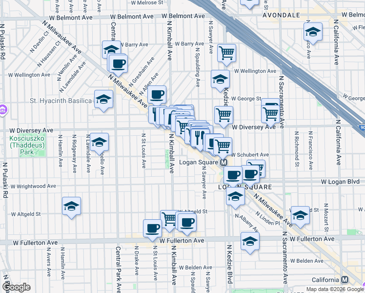 map of restaurants, bars, coffee shops, grocery stores, and more near 2746 North Milwaukee Avenue in Chicago