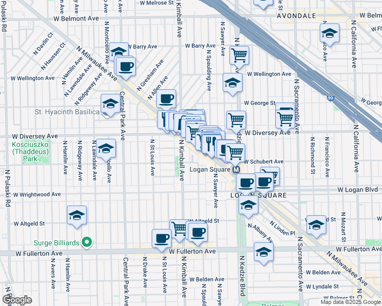 map of restaurants, bars, coffee shops, grocery stores, and more near 2746 North Milwaukee Avenue in Chicago