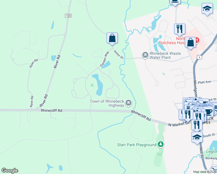 map of restaurants, bars, coffee shops, grocery stores, and more near 197 Sandalwood Lane in Rhinebeck